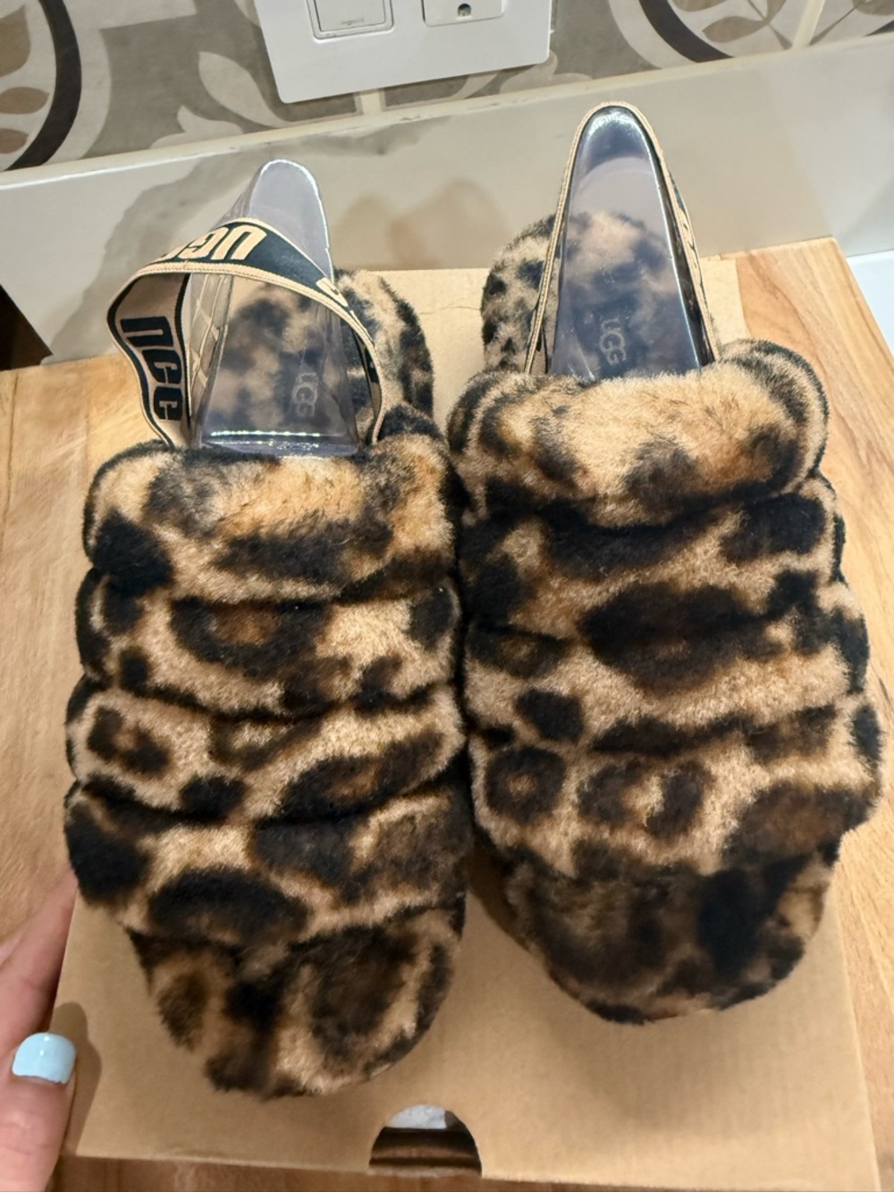 UGG Leopard-Print Faux Fur Backstrap slides in Brown and Black